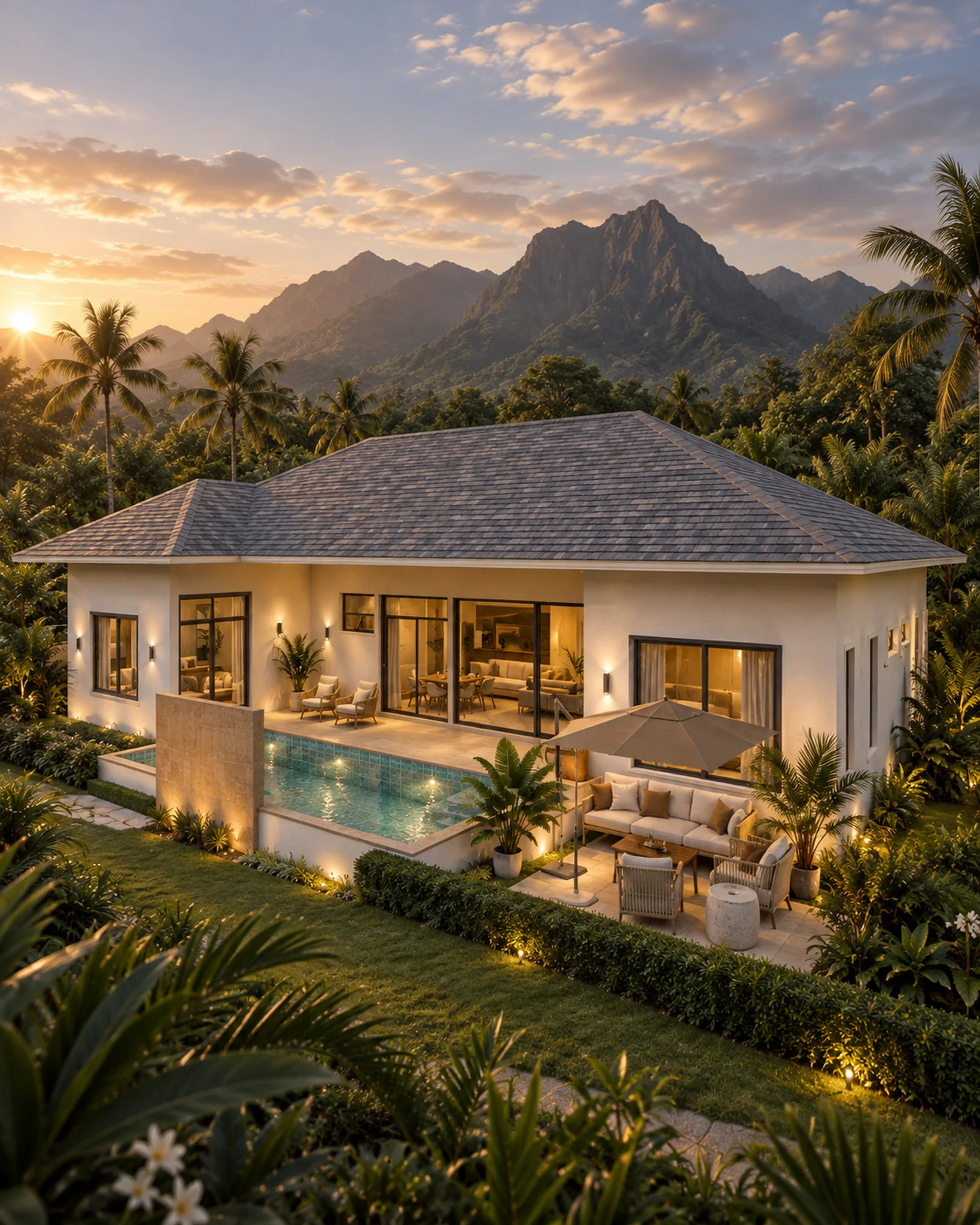 Private pool villa surrounded by tropical planting